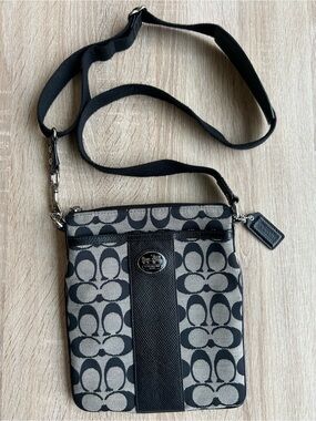 Coach Black & Gray Signature Mini Crossbody with Leather Tag